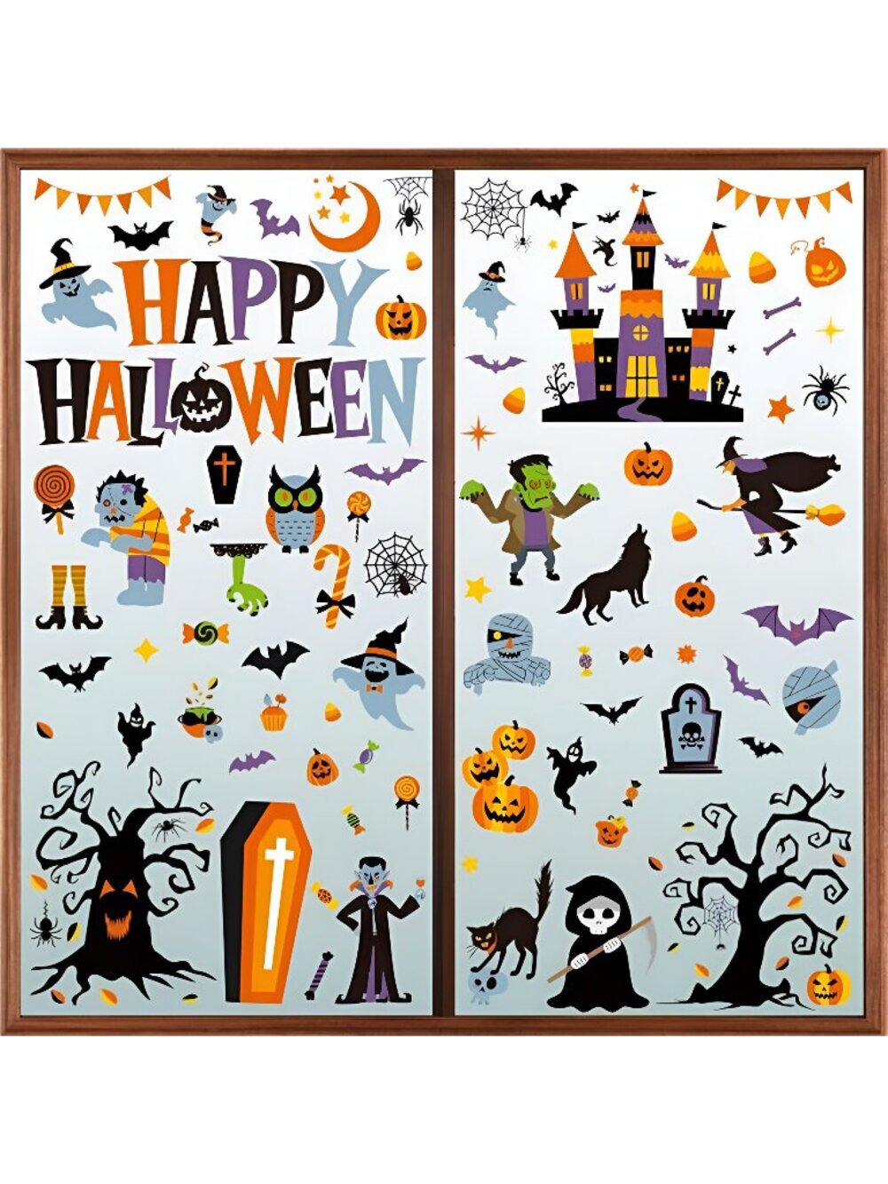 115PCS Halloween Window Clings, 9 Sheets Halloween Decorations, Cute Witch Tree